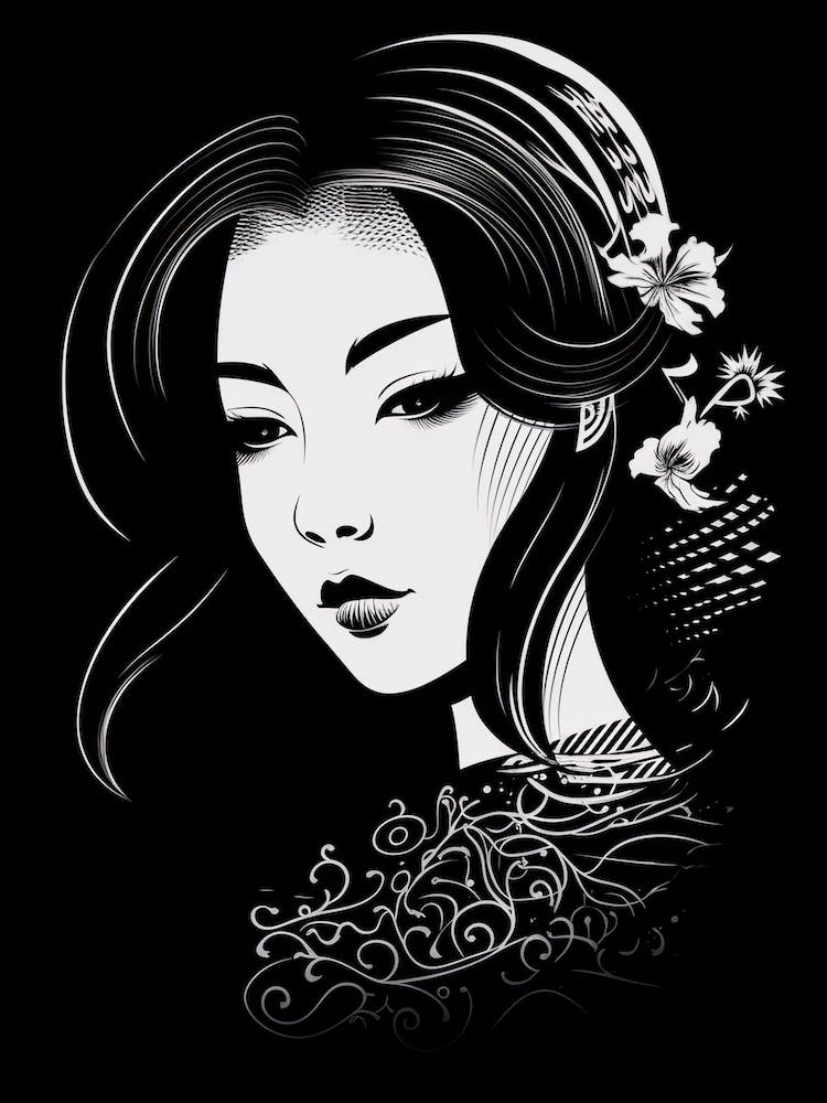 Geisha Black And White Vector Illustration 2