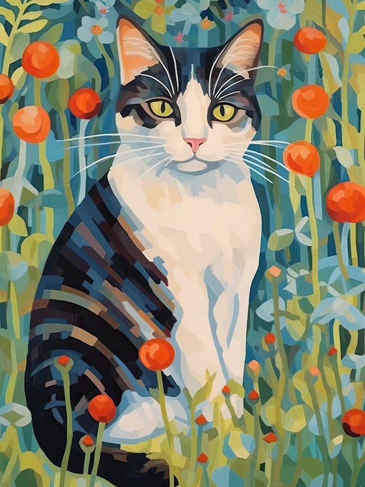 Calico Cat Botanical Oil Painting