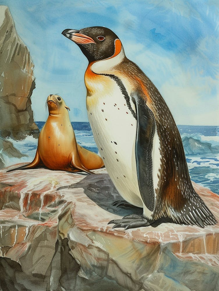 Humboldt Penguin Sea Lion Island Watercolour Painting 4
