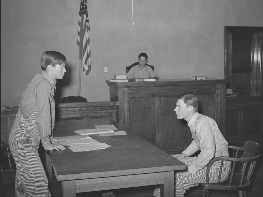 Scene From A One Act Play Presented At County Meeting Of 4 H Club, This Play Was In The Form Of A Trial Of Farmer