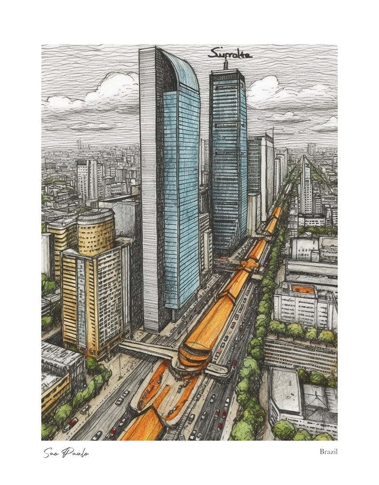Sao Paulo Brazil Drawing Pencil Style 3 Travel Poster