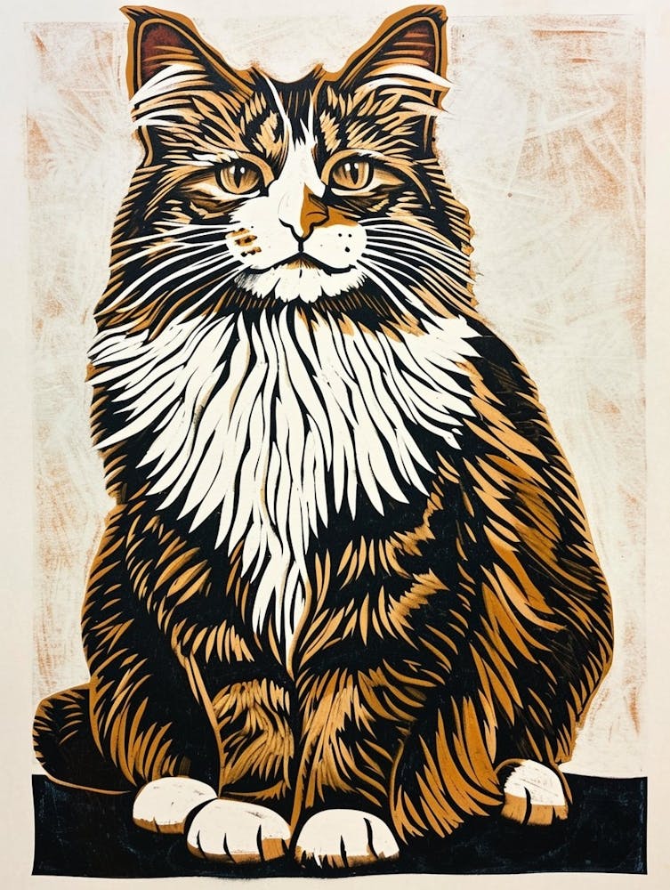 Maine Coon Linocut Blockprint 2