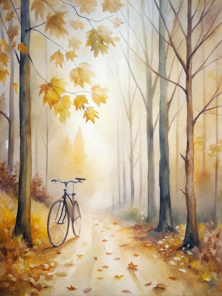 A Foggy Forest Trail Golden Leaves Falling Gentl (1)