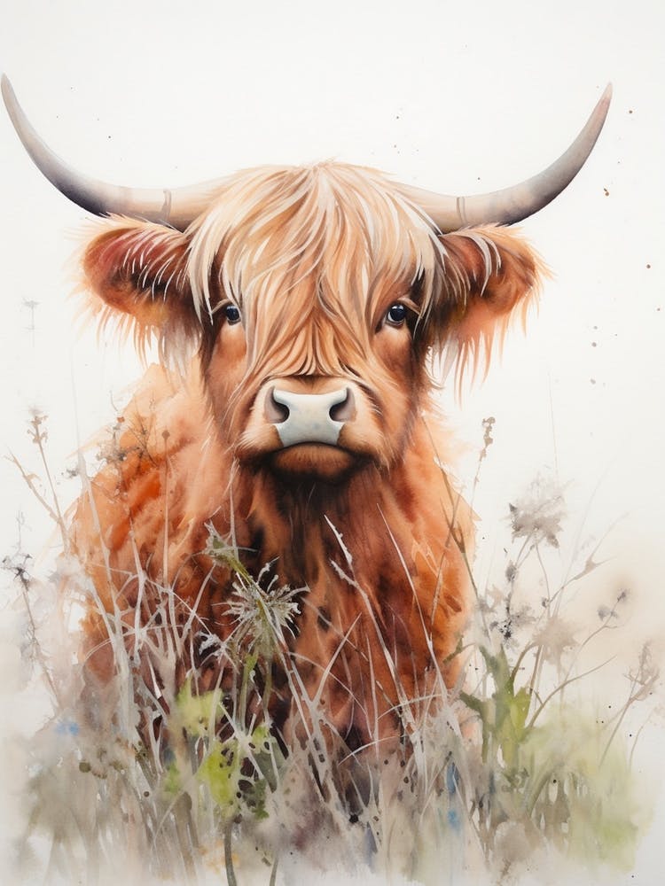 Vache des Highlands Herbeuse à l'Aquarelle 4