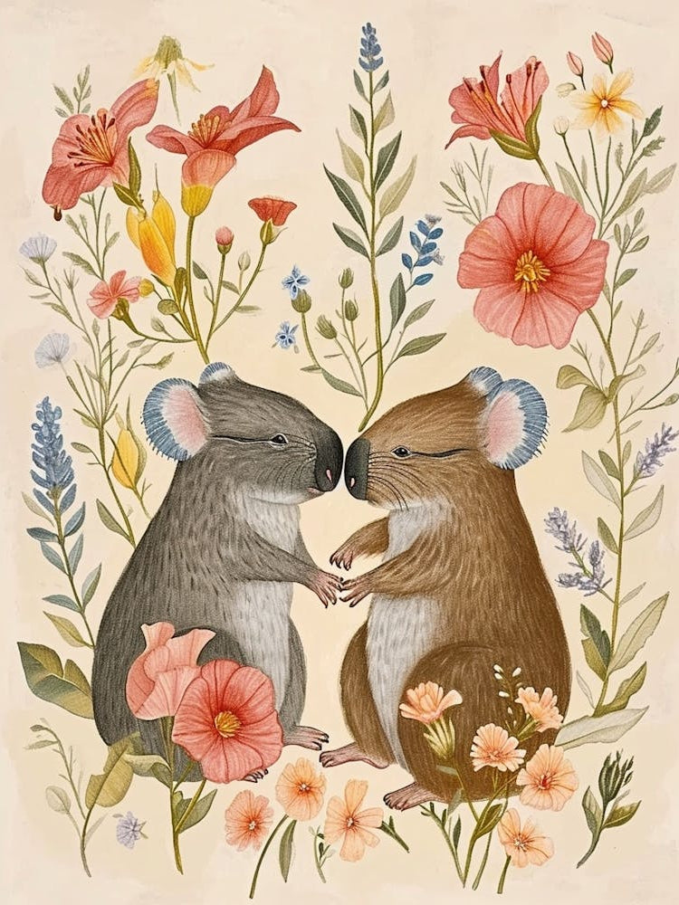 Folksy Floral Animal Drawing Wombat 5
