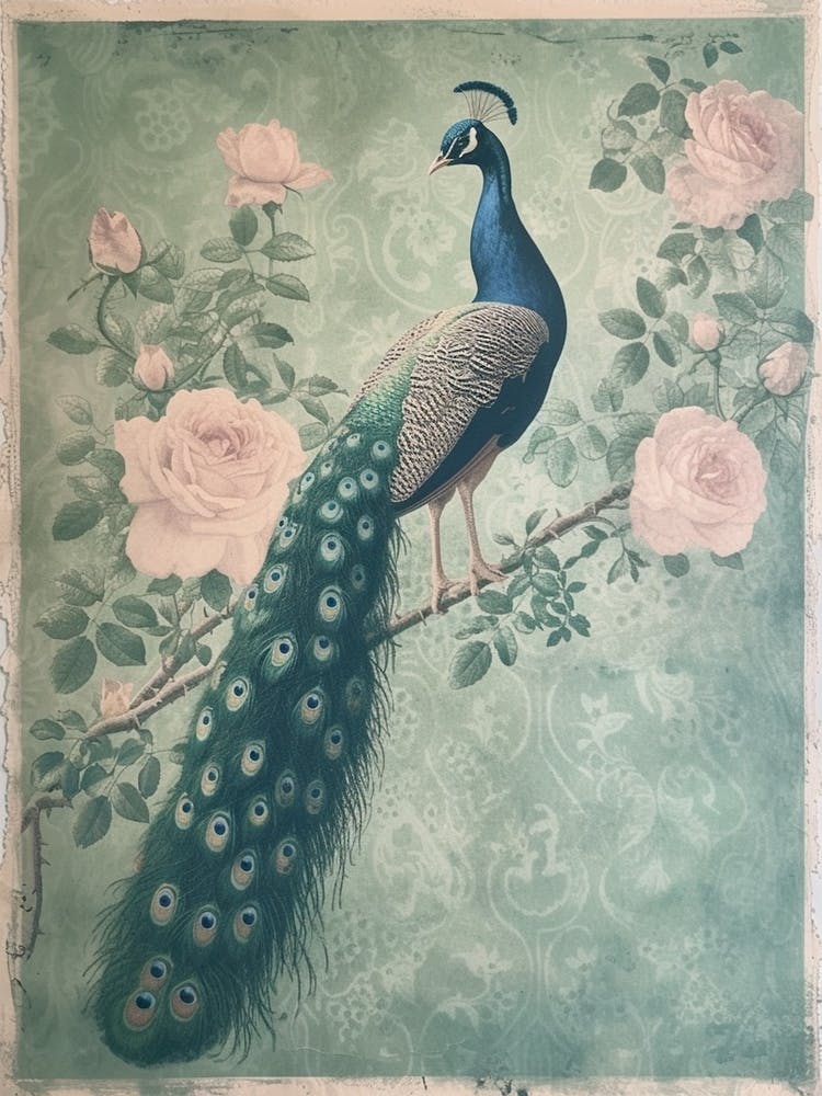 Turquoise Peacock With Roses Cyanotype Inspired  2