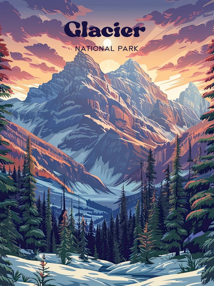 Glacier National Park Winter Digital Travel Illustration