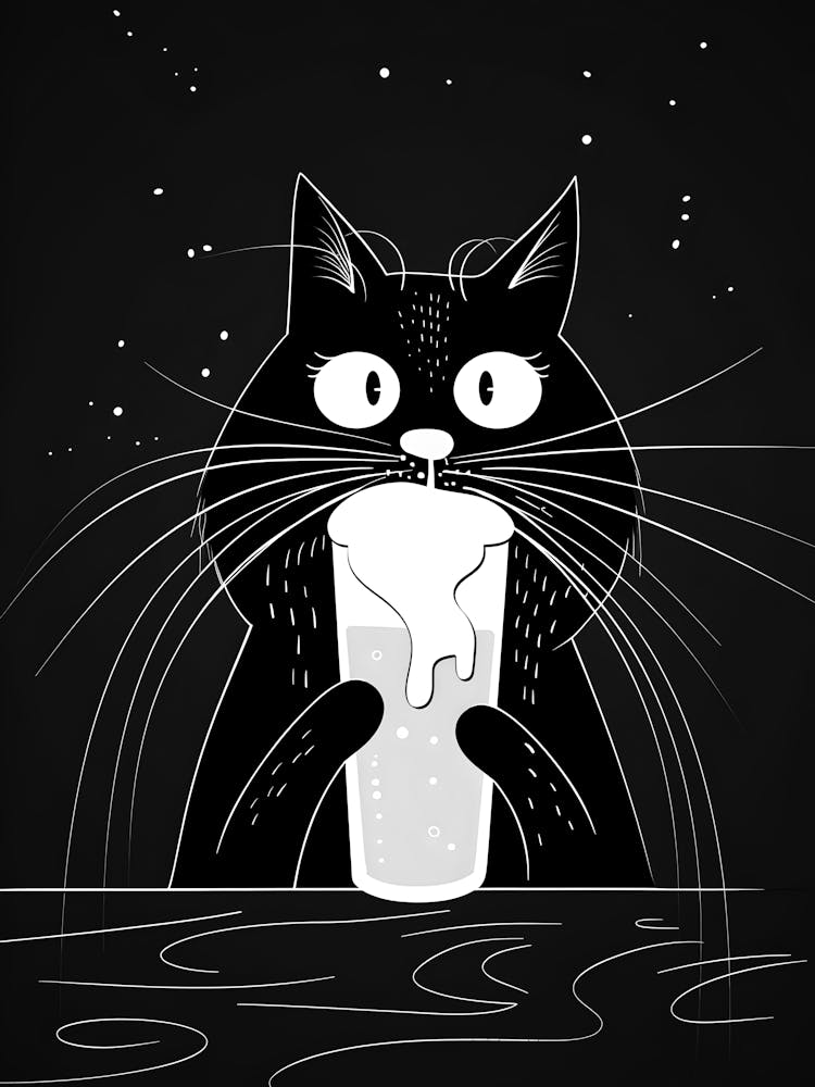 Black Cat Drinking A Glass Of Milk