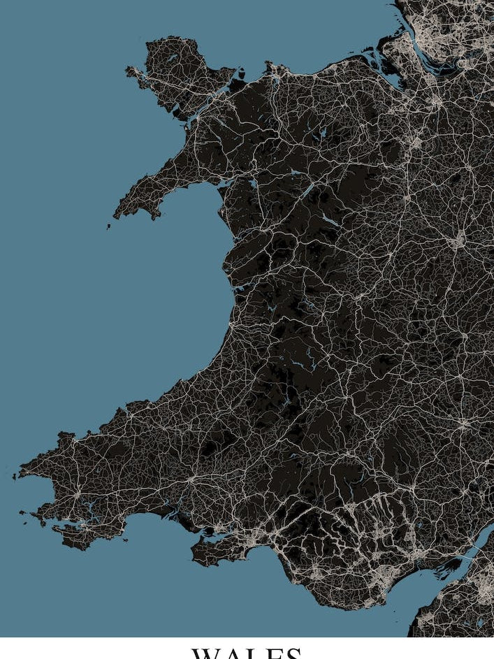 Wales Black Blue Map