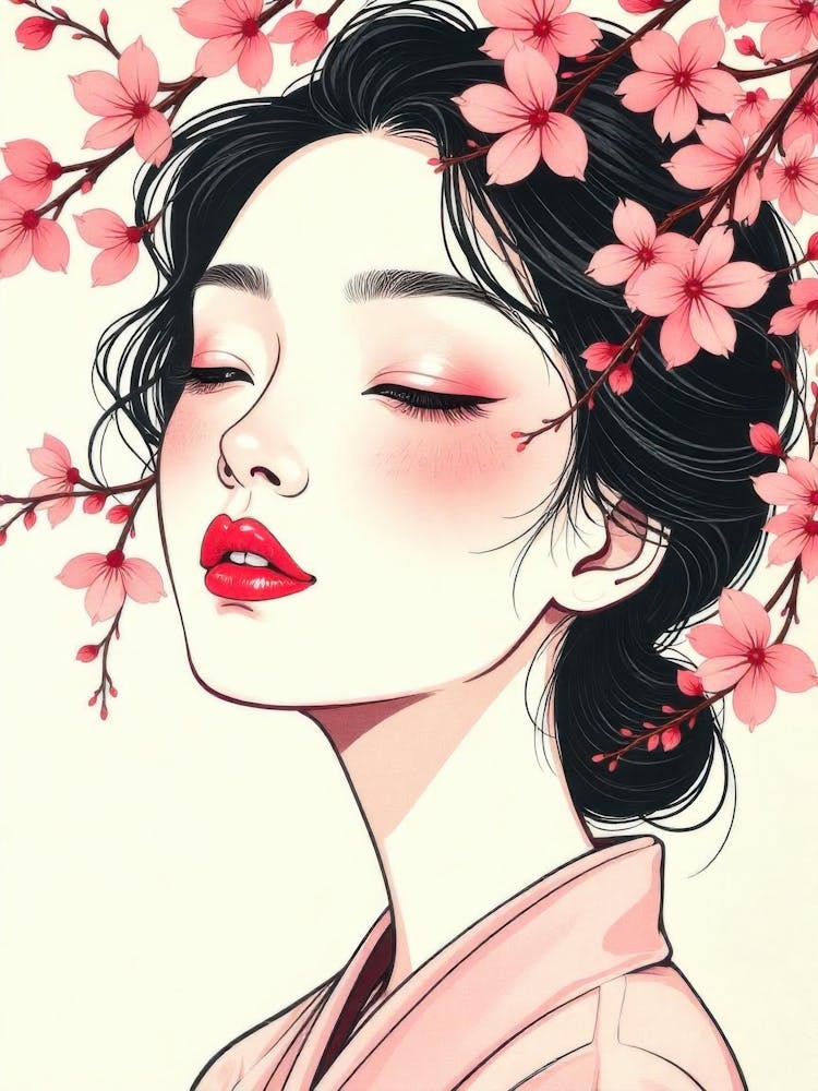 Asian Girl With Cherry Blossoms