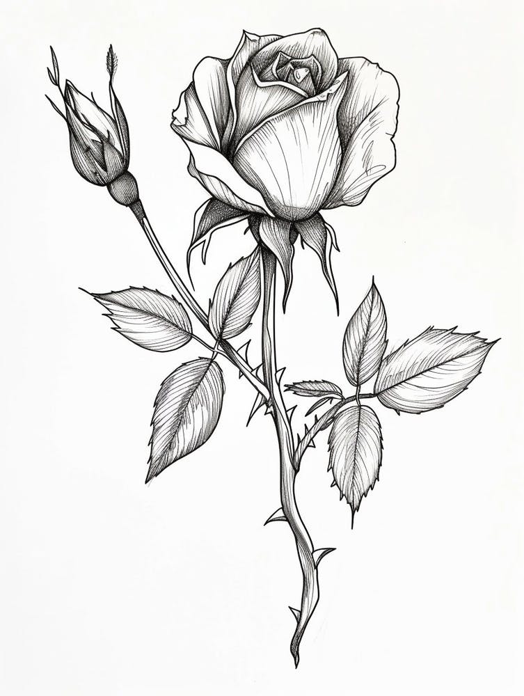 English Rose Black And White Line Drawing 24
