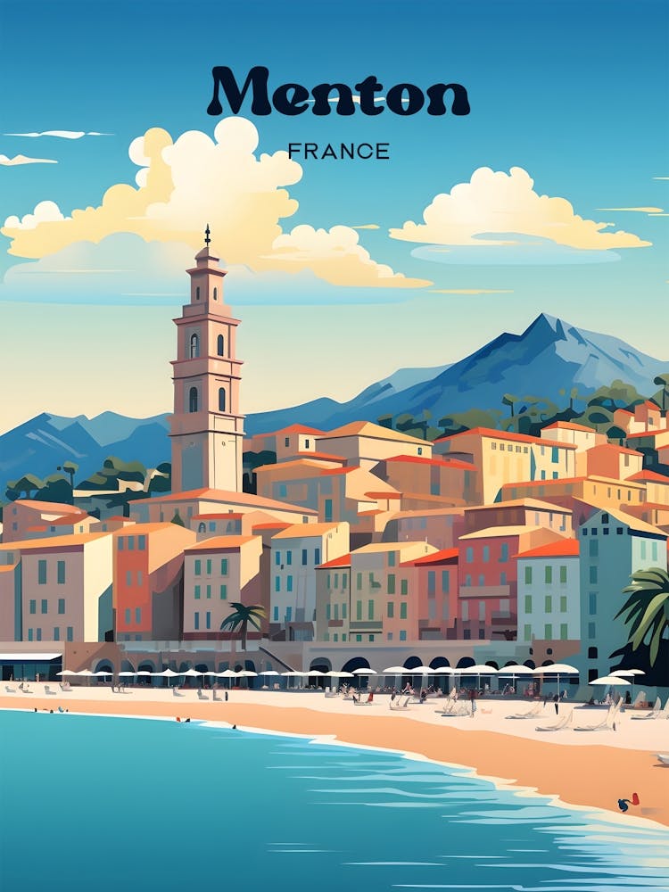 Menton France Beach Modern Travel Art