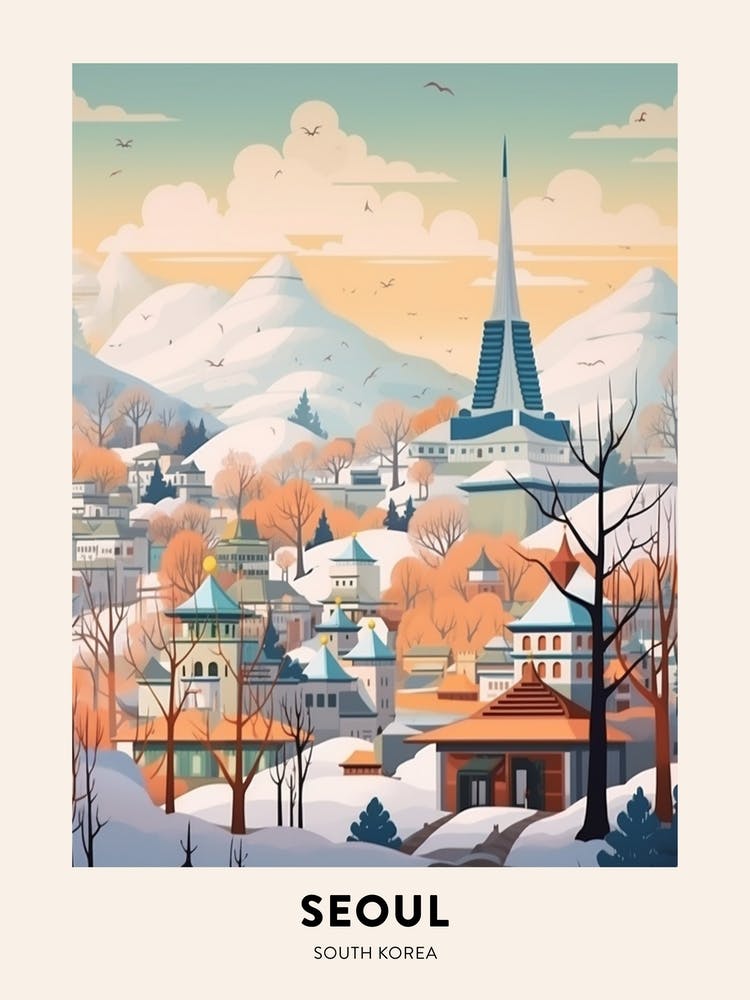 Vintage Winter Travel Poster Seoul South Korea 2