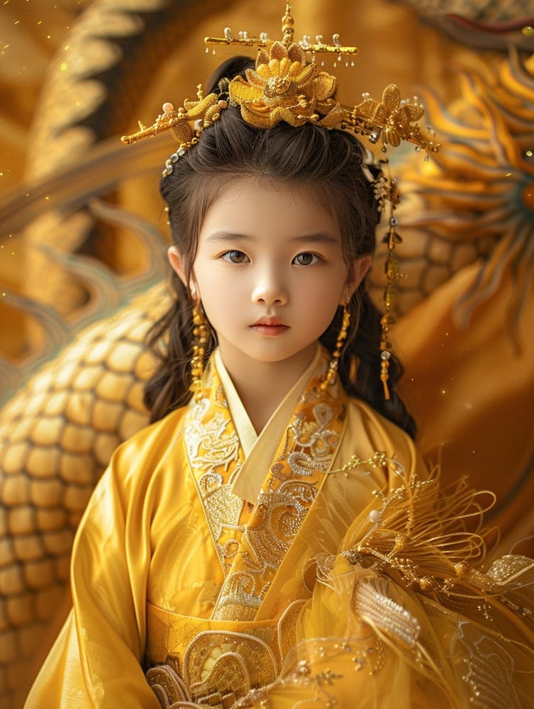 A Stunningly Beautiful 7 Year Old Asian Girl, Dressed In A Gorgeous Yellow Hanbok, With Princess Like, Absolutely Gorgeous Hair Adornment, With A Golden Dragon Behind Her, With Scales And Fiery Eyes That Come To Life, Full Body, Gold