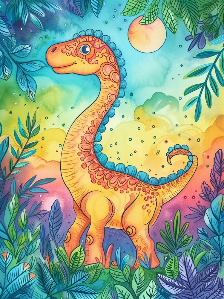 Cartoon Watercolour Apatosaurus Dinosaur