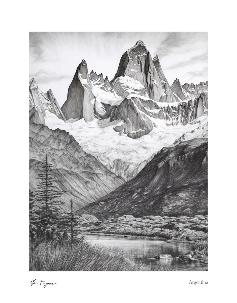 Patagonia Argentina Pencil Sketch 5 Watercolour Travel Poster