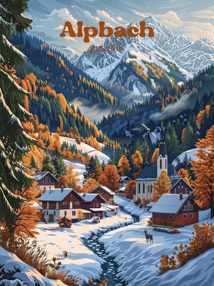 Alpbach Österreich Schöne Digitale Reiseillustration