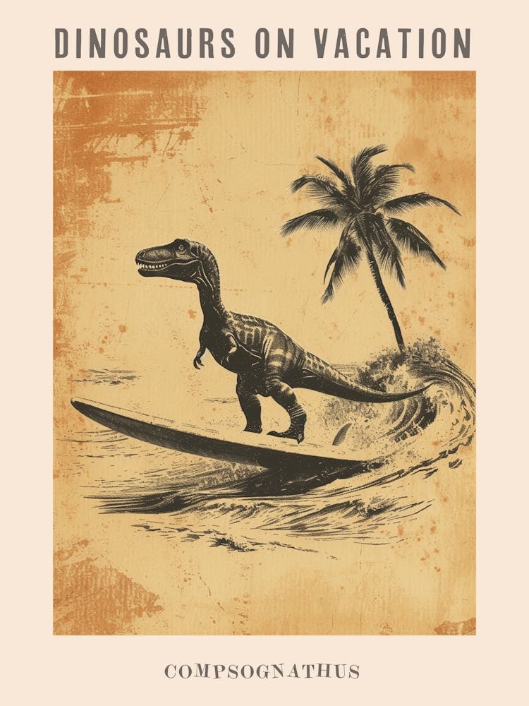 Vintage Compsognathus Dinosaur On A Surf Board 3 Poster