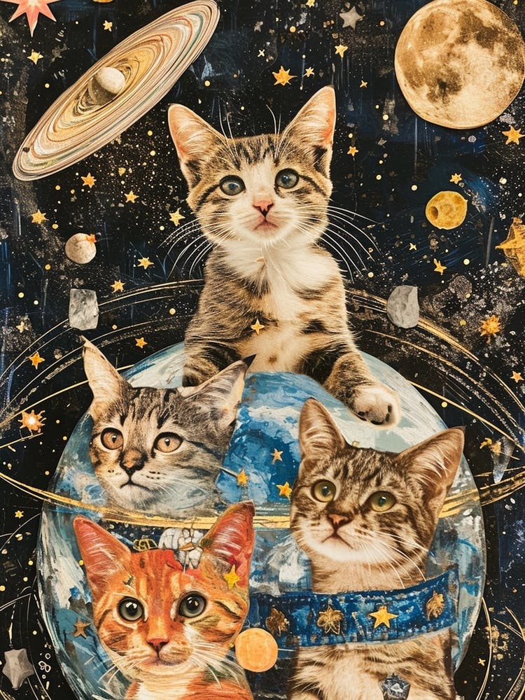 Kitsch-Weltraumkatze Retro-Collage 1