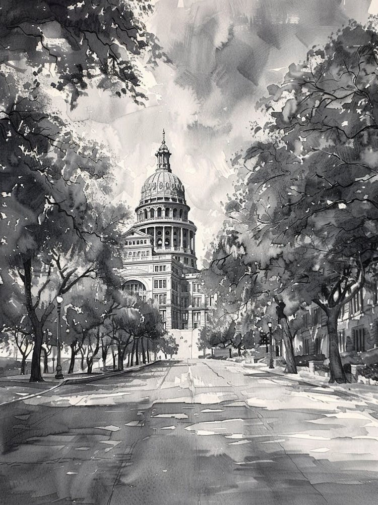The Texas State Capitol Austin Texas Black And White Watercolour 2