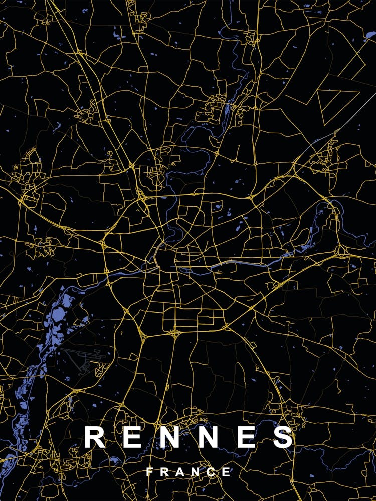 Rennes France City Map Black and Gold