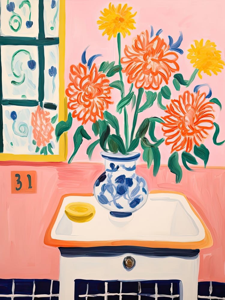 Bathroom Vanity Painting With A Dahlia Bouquet 1