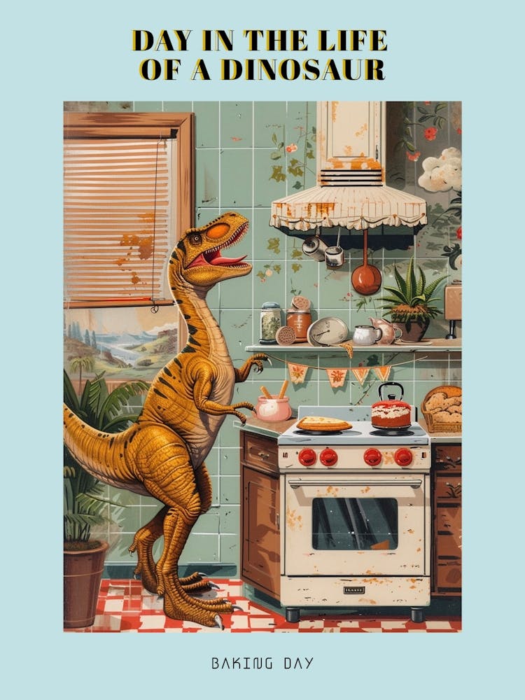 Dinosaur Baking In The Kitchen Retro Abstract Collage 1 Poster