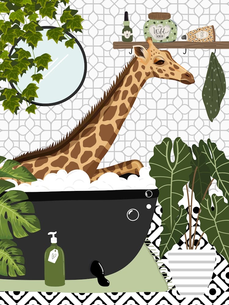 Giraffe In Bath Black And White