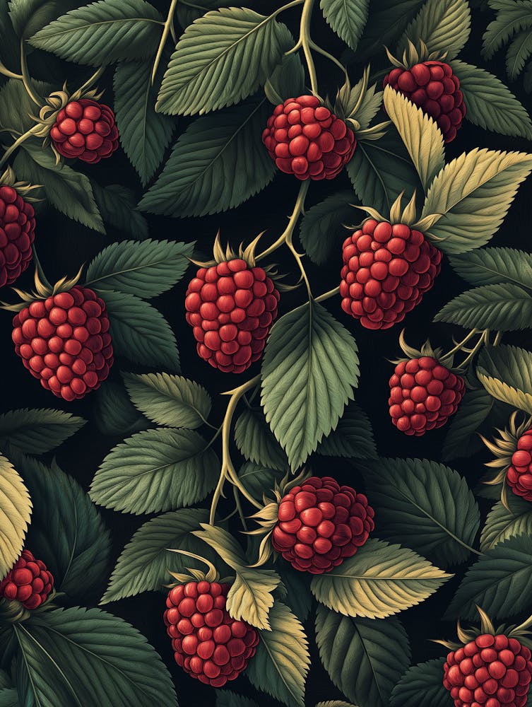 Red Raspberries, And Green Leaves Pattern