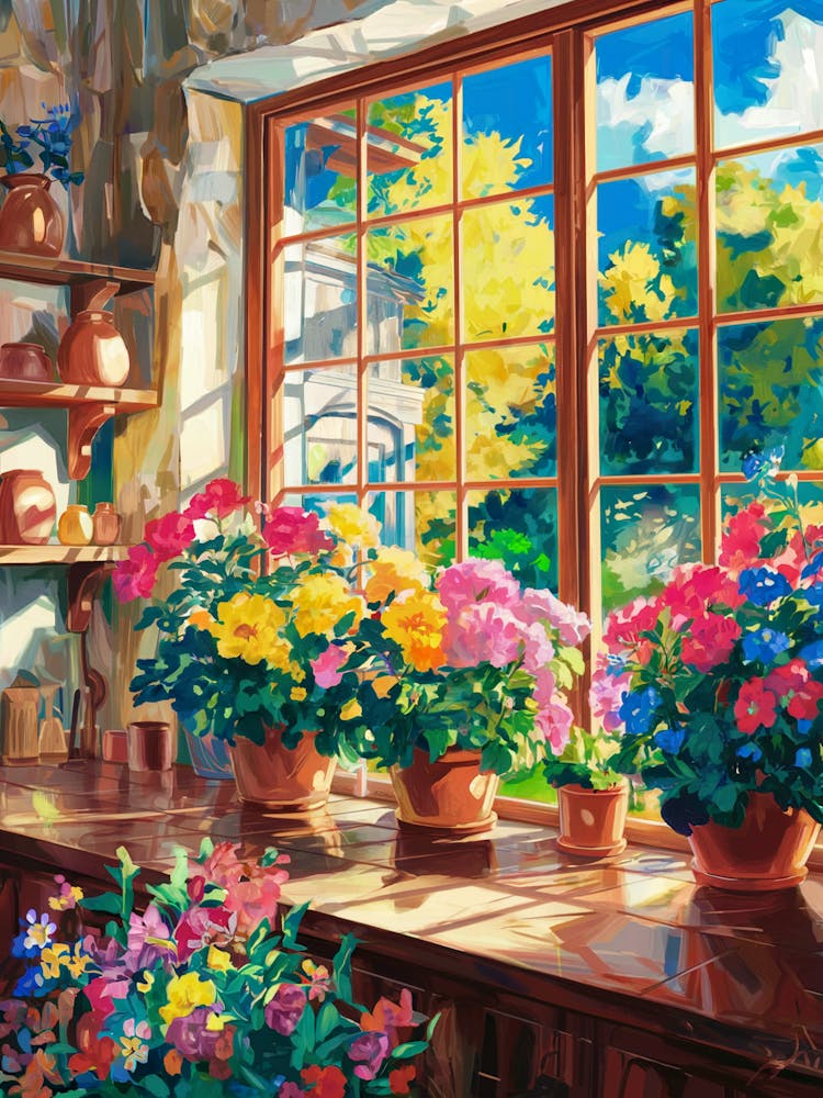 Anime Canvas Art: Sunlit Rustic Kitchen with Vibrant Potted Flowers, Wooden Textures, and Garden View, Perfect for Lofi Aesthetic and Nature-Inspired Decor Fans.