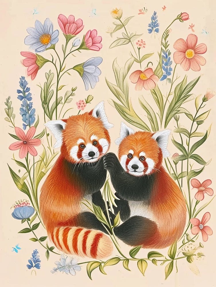 Folksy Floral Animal Drawing Red Panda 2
