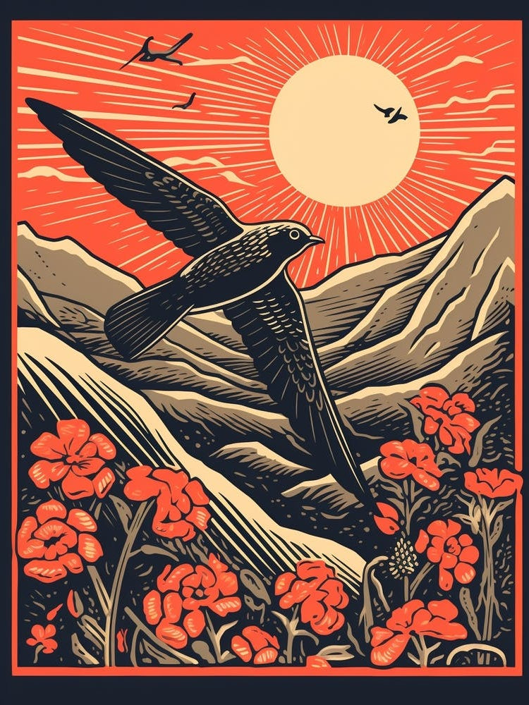 Vintage Bird Linocut Chimney Swift 2