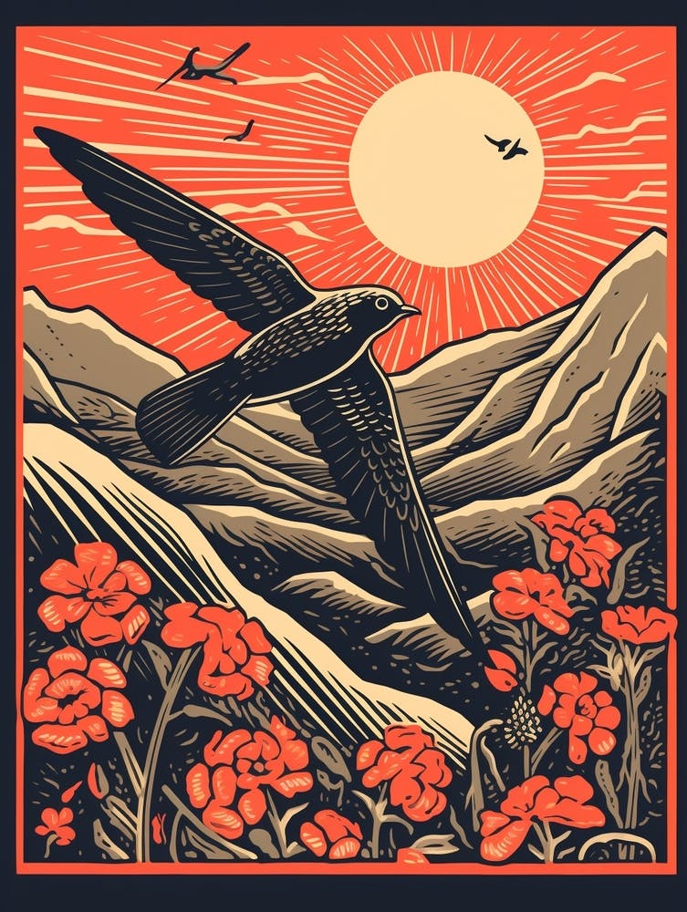 Vintage Bird Linocut Chimney Swift 2