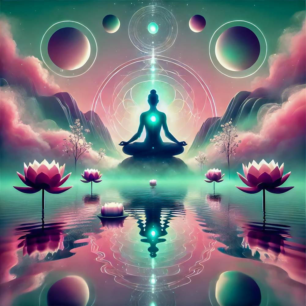 Surreal Meditation Art with Floating Figure and Lotus Flowers – Ethereal Spiritual Design