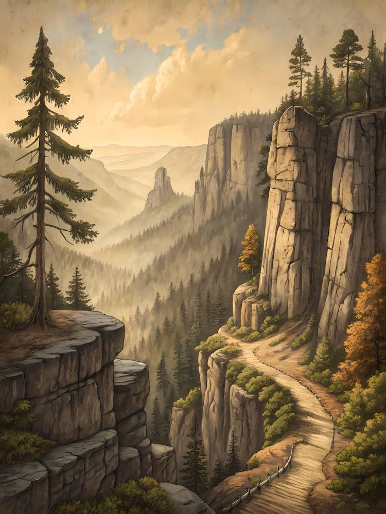 Stone Cliffs And Forest In Antique Map Style Text