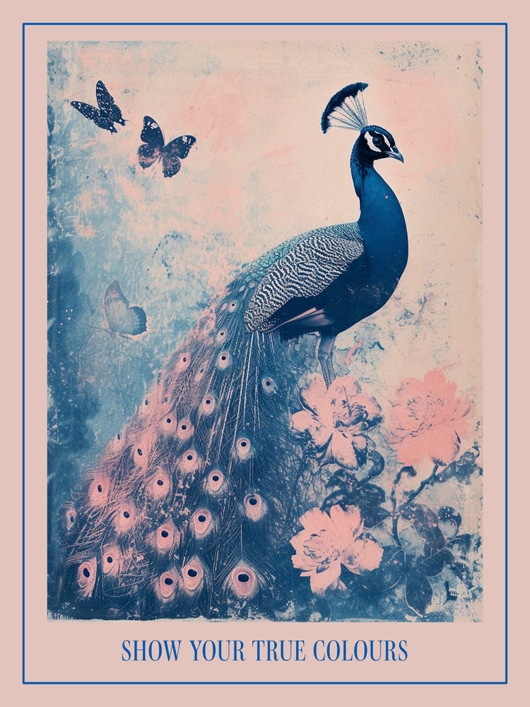 Pink & Blue Peacock Cyanotype Inspired With Butterflies 1 Poster
