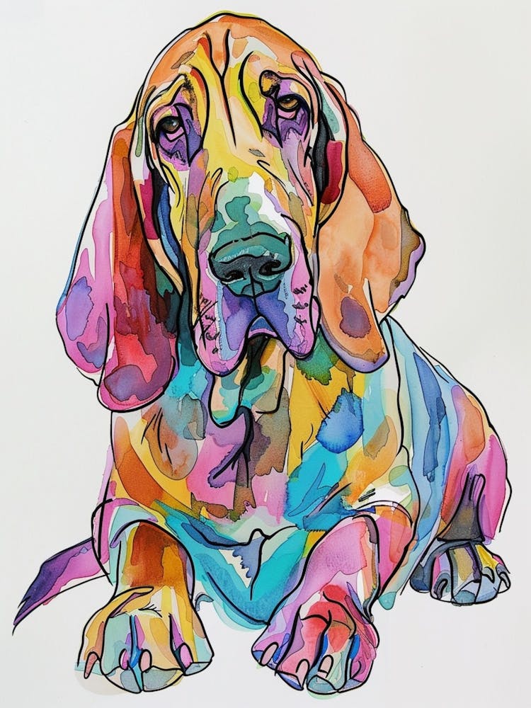Bloodhound Dog Pastel Line Watercolour Illustration 1