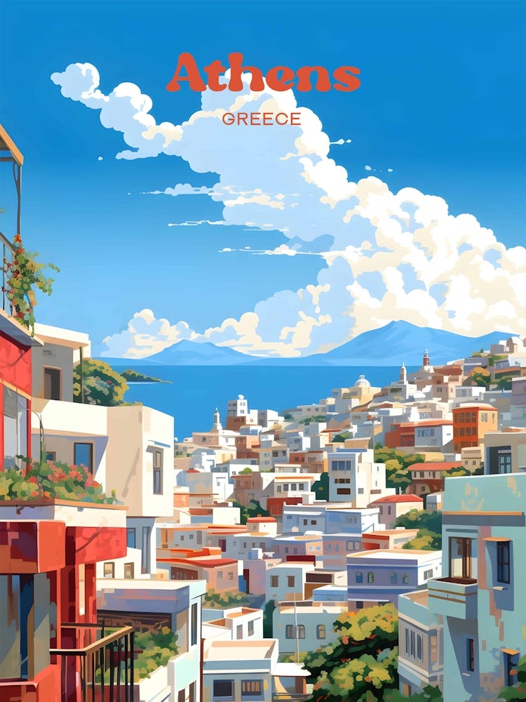 Athens Greece Cityscape Travel Illustration Art