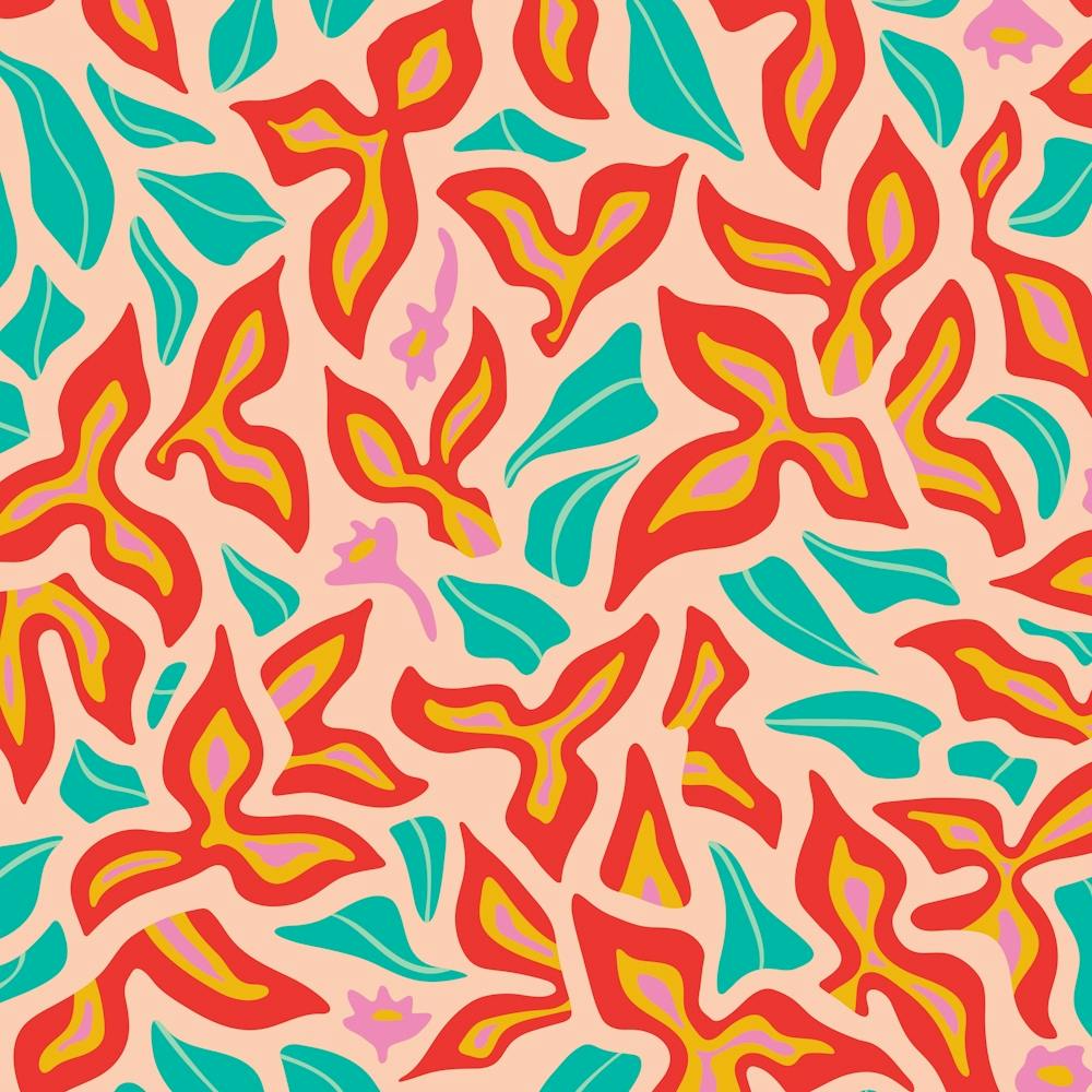 BOUGAINVILLEA Tropical Hawaiian Abstract Floral Botanical in Red Yellow Turquoise Pink on Blush