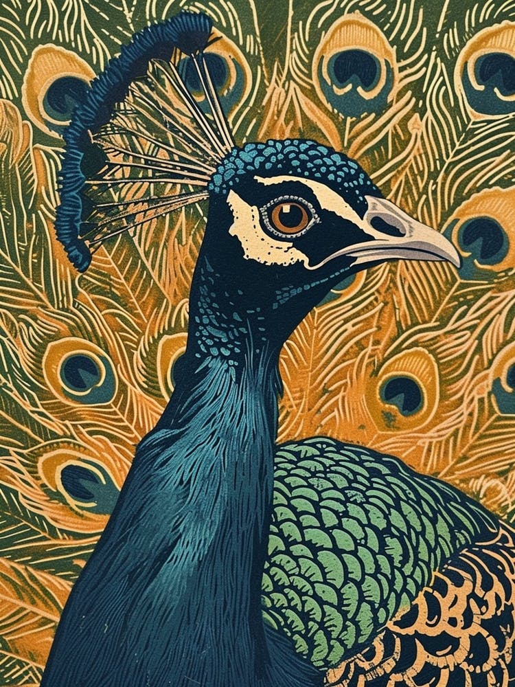 Blue Mustard Peacock Portrait With Feathers