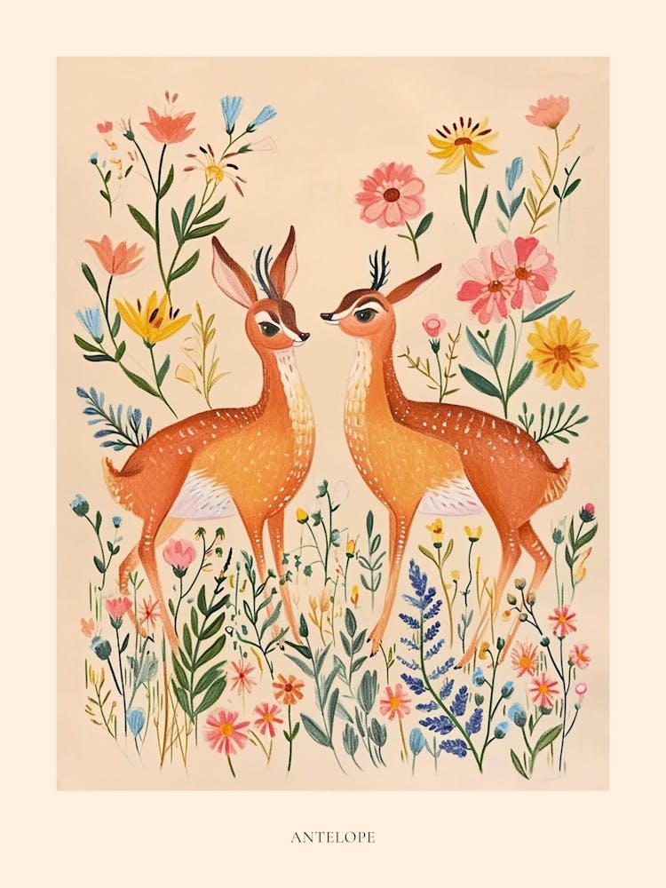 Folksy Floral Animal Drawing Antelope 2 Poster
