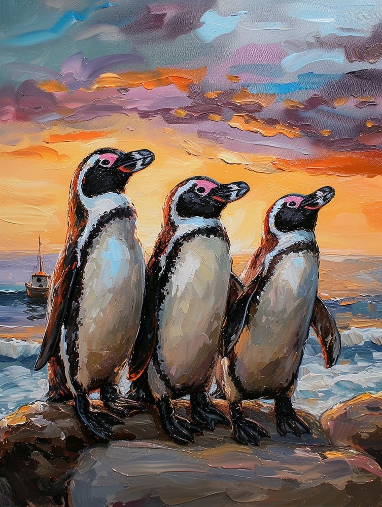 African Penguin Paradise Harbor Oil Painting 1