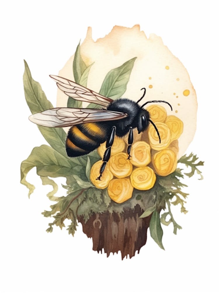 Large Carpenter Bee Beehive Watercolour Illustration 1