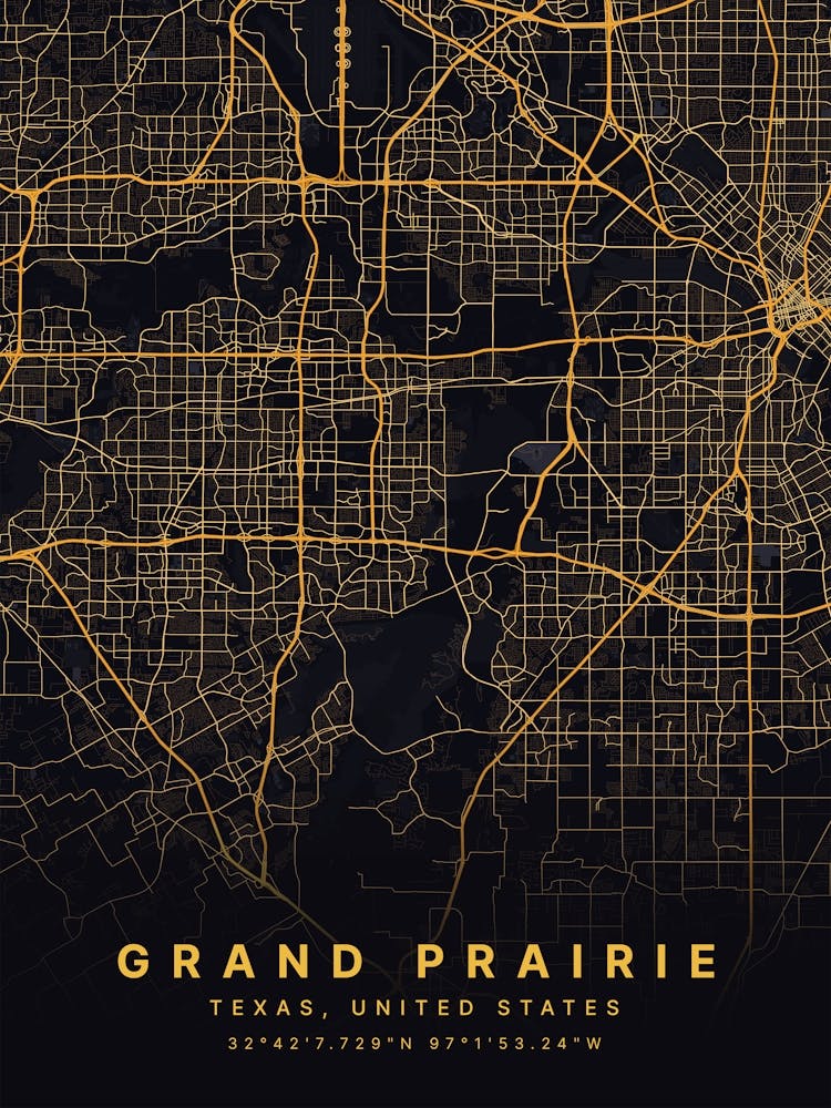 Grand Prairie Texas USA Black And Gold Map