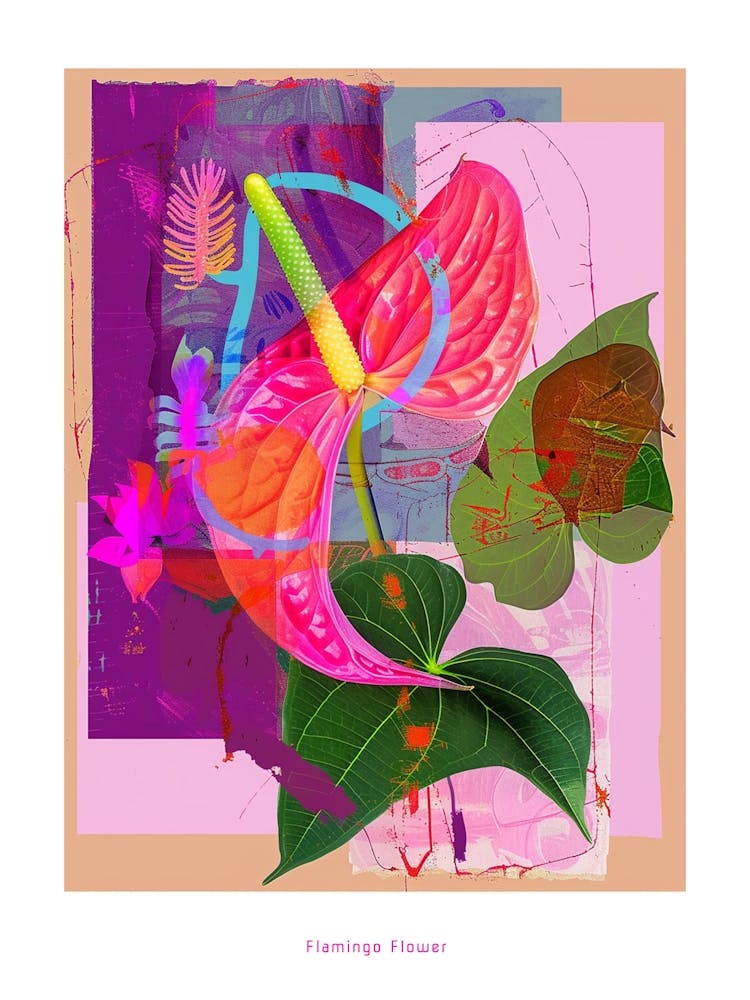 Flamingo Flower (Anthurium) 4 Neon Flower Collage Poster