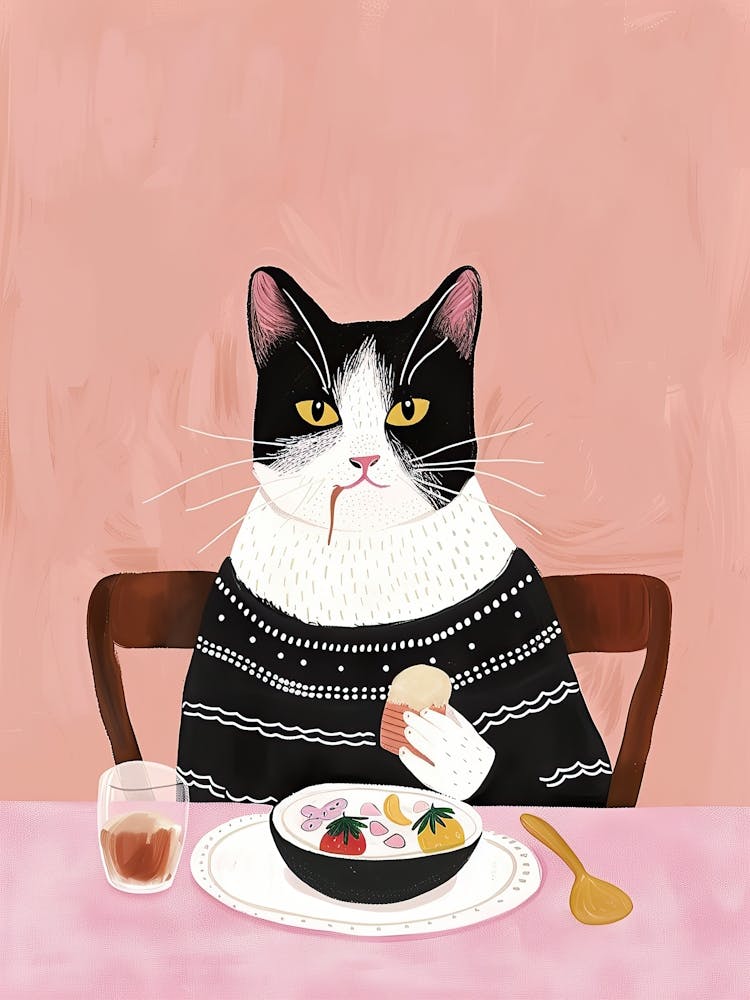 Black And White Cat Having Breakfast Folk Illustration 4