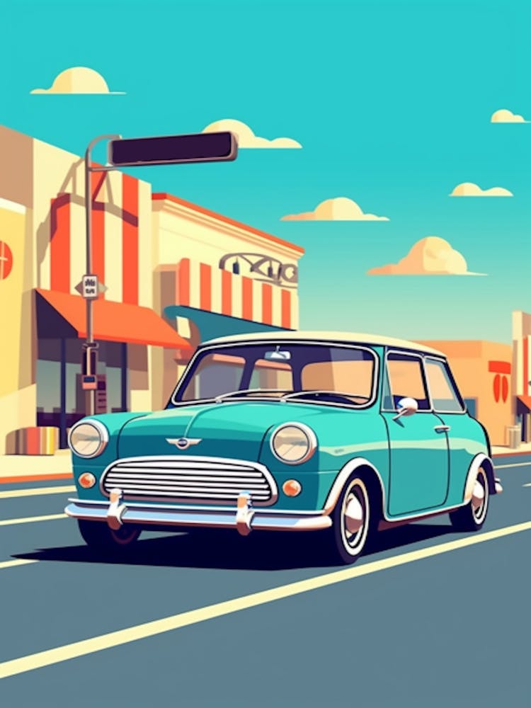 A Mini Cooper Car In Route 66 Flat Illustration 4