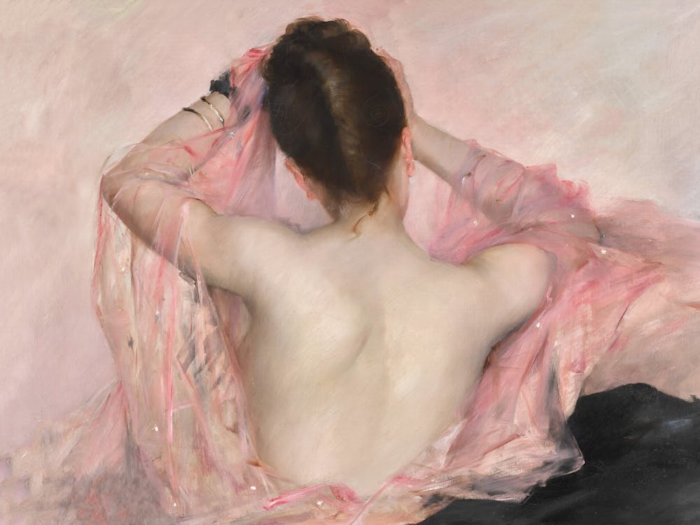 Woman Wearing Pink, Nude Back of Woman, Soft Pastel Colors, Vintage Woman Portrait