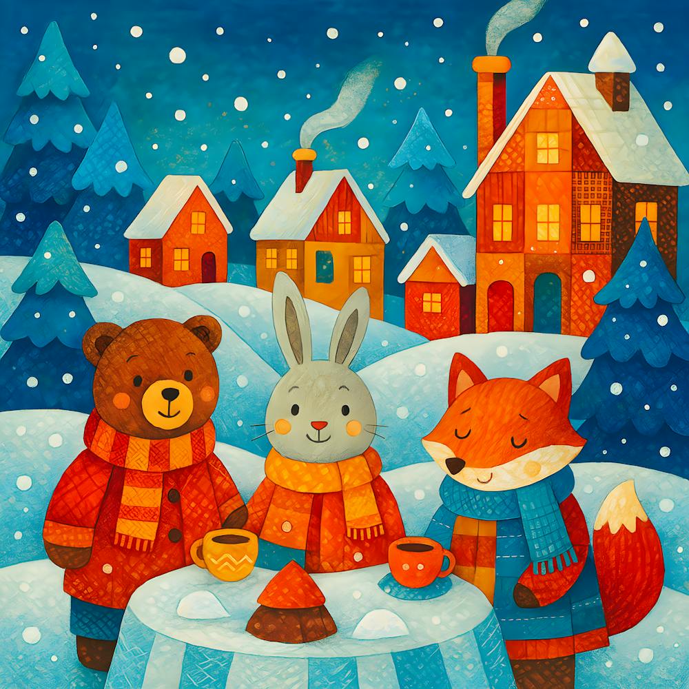 Whimsical Winter Village – Cozy Patchwork Storybook Illustration For Kids Room Decor