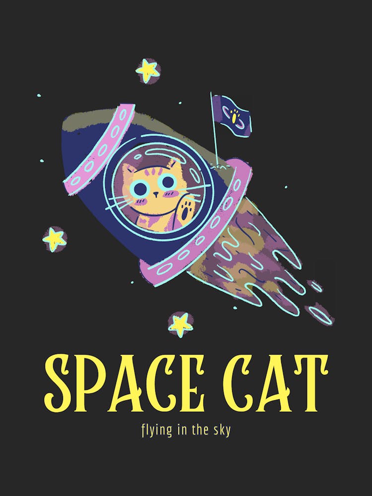 Space Cat Poster – Cute Astronaut Cat in Rocket Wall Art